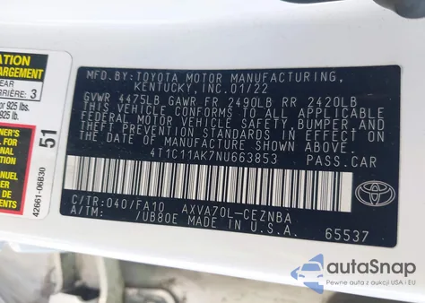 2022 Toyota Camry Le from USA, damaged, VIN 4T1C11AK7NU663853